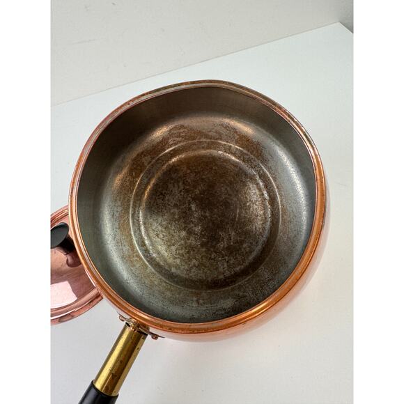 Vintage MCM Solid Copper Pot Rose Gold Metal Wooden Handle Lid Made In Portugal - Picture 8 of 11